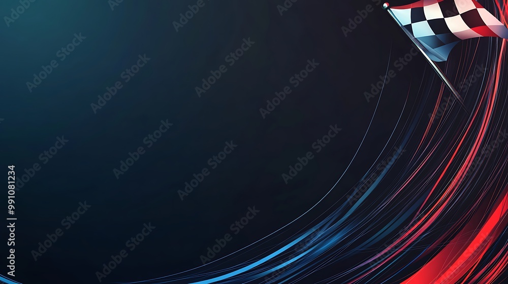 Poster checkered flag with red and blue lines on a dark blue background, leaving copy space.