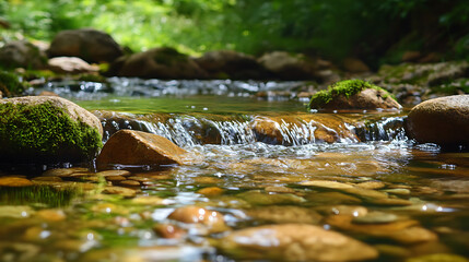 background with a forest brook, featuring clear, babbling water, moss-covered stones, and a calm, natural setting