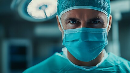 American doctor in surgical mask and blue scrubs, captured in a close-up portrait with focused gaze in a hospital operating room, reflecting confidence and professionalism.