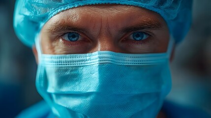 American doctor in surgical mask and blue scrubs, captured in a close-up portrait with focused gaze in a hospital operating room, reflecting confidence and professionalism.