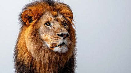 An old lion is isolated against a white background, emphasizing its wild nature.