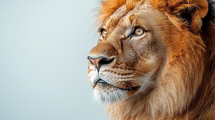 An old lion is isolated against a white background, emphasizing its wild nature.