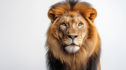 An old lion is isolated against a white background, emphasizing its wild nature.