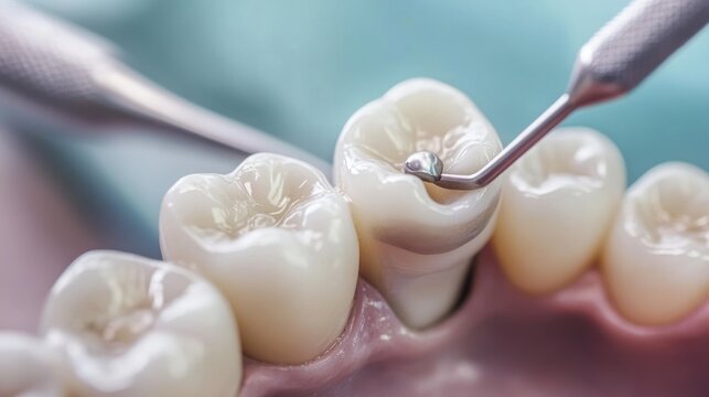 Closeup of a dental tool examining a tooth filling.