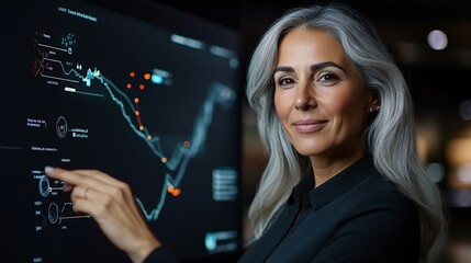 Data Driven Decisions: A confident businesswoman analyzes financial data on a large digital screen, radiating determination and expertise.