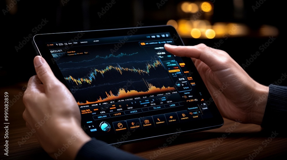 Poster hands tracking market trends: close-up of hands navigating a tablet displaying dynamic stock market 