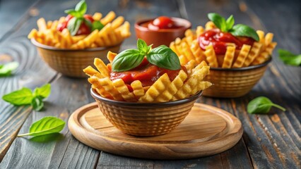 Crispy french fries in waffle bowls with tomato sauce and basil , food, fries, snack, delicious, crispy, savory