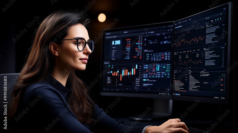Poster data driven decisions: a focused and determined businesswoman analyzes data on a large monitor, illu