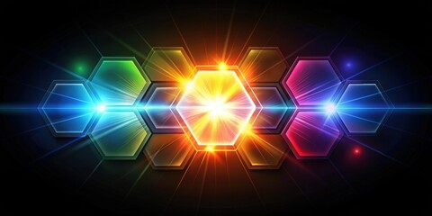 Naklejka premium Solar camera lens flare light creating hexagon shapes in various colors on black background, solar