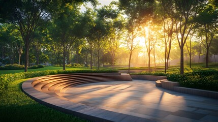 Obraz premium A sunlit park with curved amphitheater seating, modern landscape design, and lush green trees, accentuated by serene golden hour lighting and architectural elements.