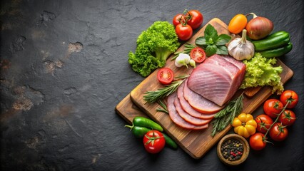 Cutting ham and assorted vegetables on black background, ham, vegetables, cutting, food, preparing, meal, chef