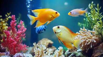 Colorful fish swimming among vibrant coral in an aquarium.