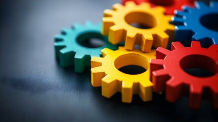 Colorful gears on a dark surface, isolated on a black background.