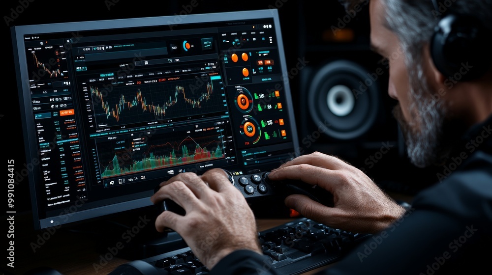 Poster focused trader: a seasoned trader intently analyzes financial charts, his hands poised on the keyboa