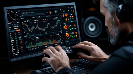 Focused Trader: A seasoned trader intently analyzes financial charts, his hands poised on the keyboard and mouse, reflecting the intense focus and dedication required in the world of finance.