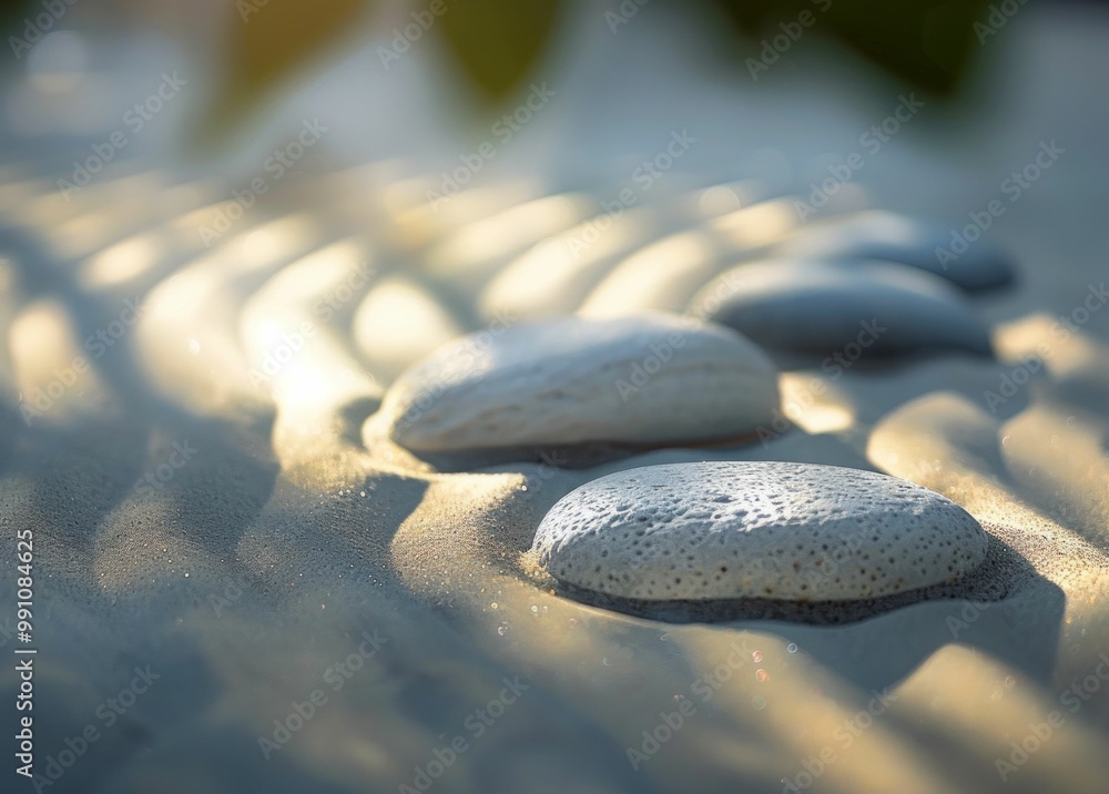Poster smooth stones arranged on soft sand with gentle light and shadows creating a serene atmosphere