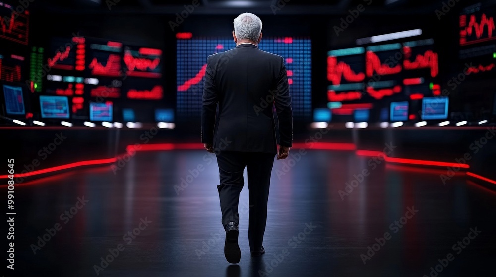 Poster the ceo's vision: a powerful businessman strides confidently through a futuristic command center, hi