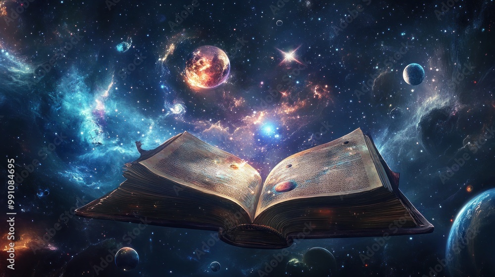 Poster an open book floating in space, surrounded by colorful galaxies and planets.