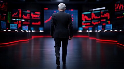 The CEO's Vision: A powerful businessman strides confidently through a futuristic command center, his back to the viewer, surrounded by screens displaying dynamic graphs and charts.