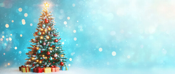A beautifully decorated Christmas tree stands against soft blue background, adorned with colorful ornaments and twinkling lights, surrounded by wrapped gifts, evoking warm holiday spirit