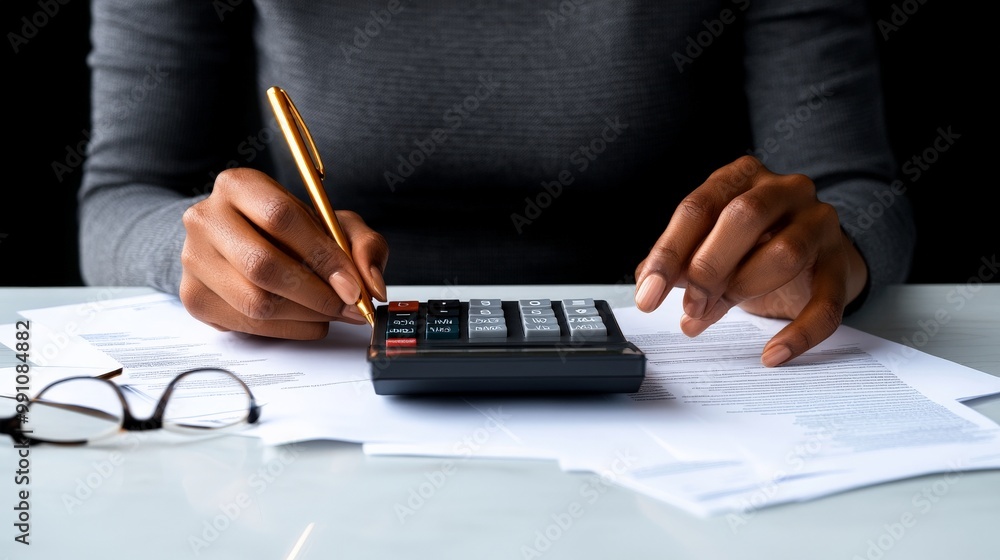 Poster focused on the numbers: a close-up shot of a hand meticulously calculating on a calculator, highligh