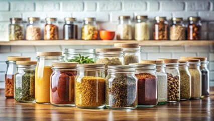 Spices and grains in matching jars on kitchen counter with simple vegan ingredients and seasonings , kitchen, counter, spices