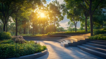 A sunlit park with curved amphitheater seating, modern landscape design, and lush green trees, accentuated by serene golden hour lighting and architectural elements.