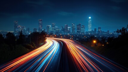 City skyline seen from a sleek highway, illuminated by dynamic light trails.