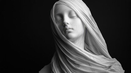 A black and white photo of a statue of a woman with closed eyes
