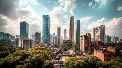 Naklejka premium An urban skyline featuring a mix of old and new skyscrapers, showcasing the dynamic architectural contrast in a busy city center during rush hour.