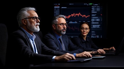 Financial Strategists: A group of experienced financial professionals analyzes market data with a serious and focused expression in a dark room.