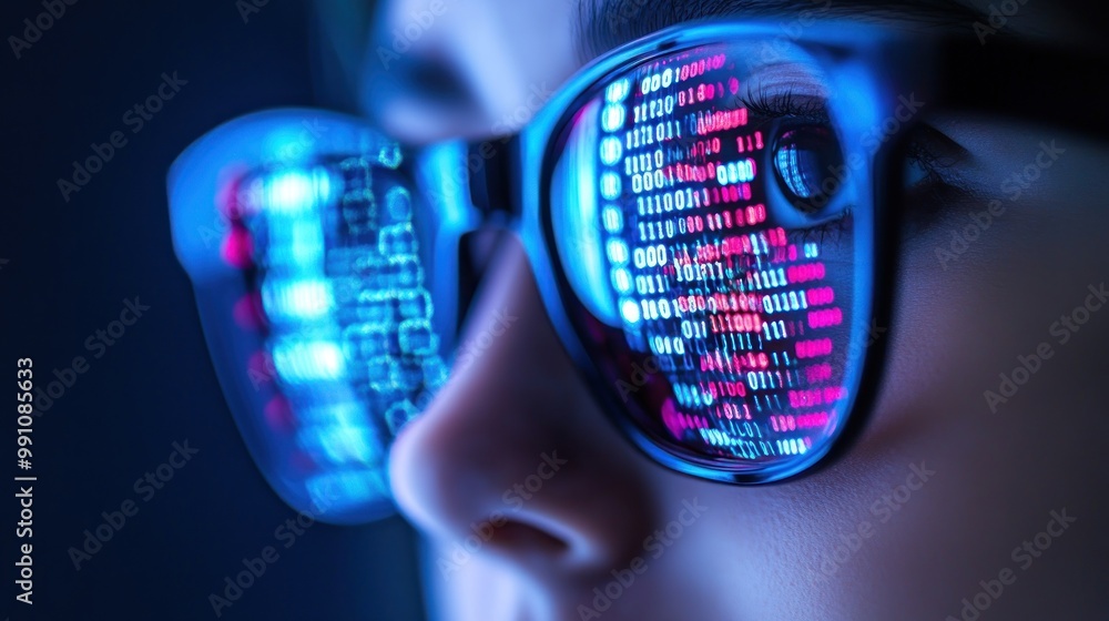 Poster a close-up of a person's eye with binary code reflected in their glasses.