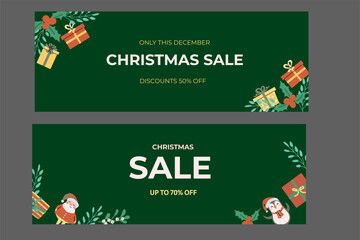 Christmas sale banners with festive elements and xmas characters. Flat illustration for december holidays, celebration design.