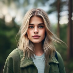 Fototapeta premium Primer plano de una chica rubia de unos 20 años con la mirada perdida y el pelo suelto