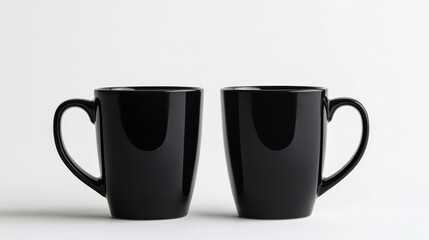 Two glossy black coffee mugs with a minimalist design on a white background, highlighting simplicity and elegance.