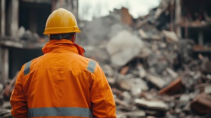 Construction worker in yellow helmet and orange jacket examines rubble at a demolition site, captured in a close-up shot in a rugged industrial scene with a focused expression.