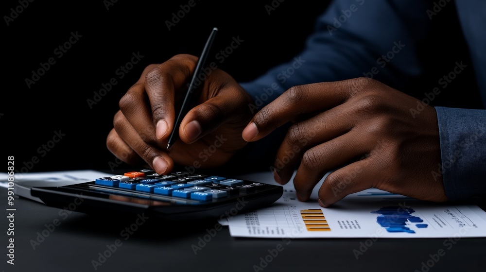 Poster focused on the numbers: a close-up of a businessman's hands meticulously working on a calculator, me