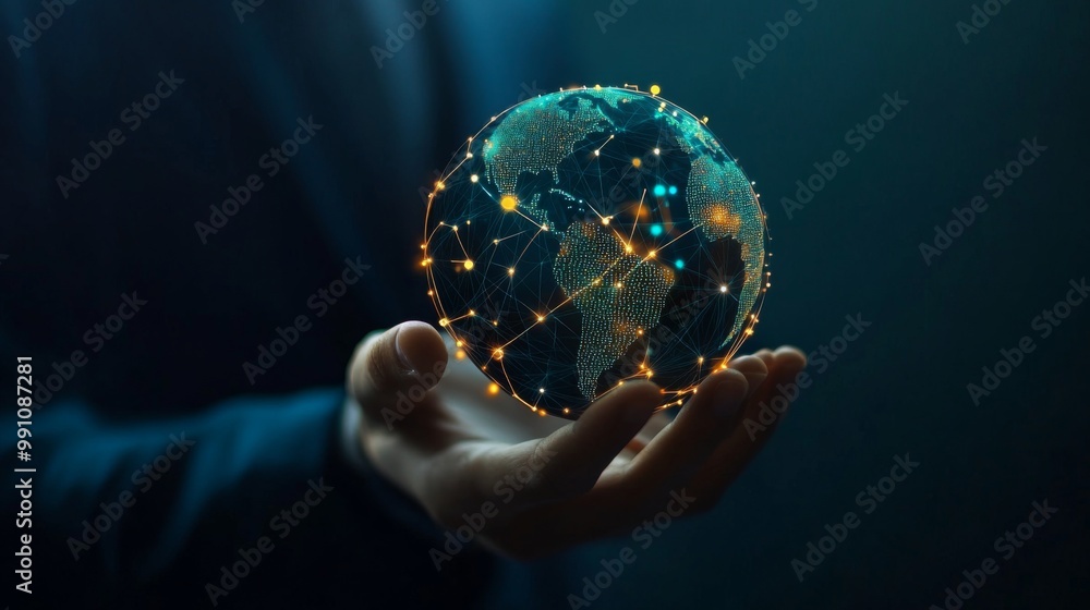 Aufkleber Businessman holding global network connection on social networking and customer data analytics, Business strategy and smart intelligence, digital marketing, Technology and global business.