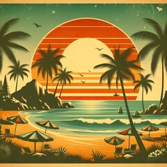 Obraz premium Vintage Tropical Sunset Beach Scene with Palm Trees