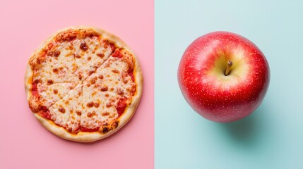 A slice of pizza and an apple on a pastel background, top view. The concept contrasts between healthy food and fast "unhealthy" activity.