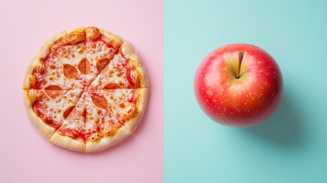 A slice of pizza and an apple on a pastel background, top view. The concept contrasts between healthy food and fast "unhealthy" activity.