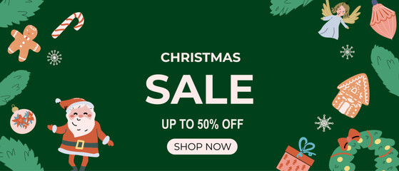 Christmas sale banners with festive elements and xmas characters. Flat illustration for december holidays, celebration design.
