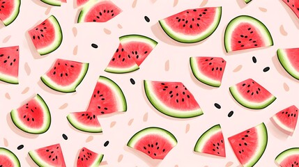 Colorful watermelon slices on a light pink background, perfect for summer themes.