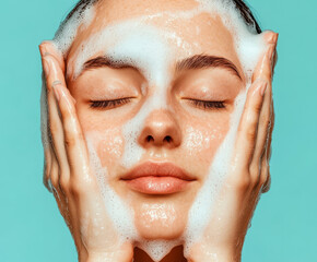 A woman gently cleanses her face with foamy cleanser, showcasing refreshing skincare routine. vibrant background enhances feeling of rejuvenation and self care