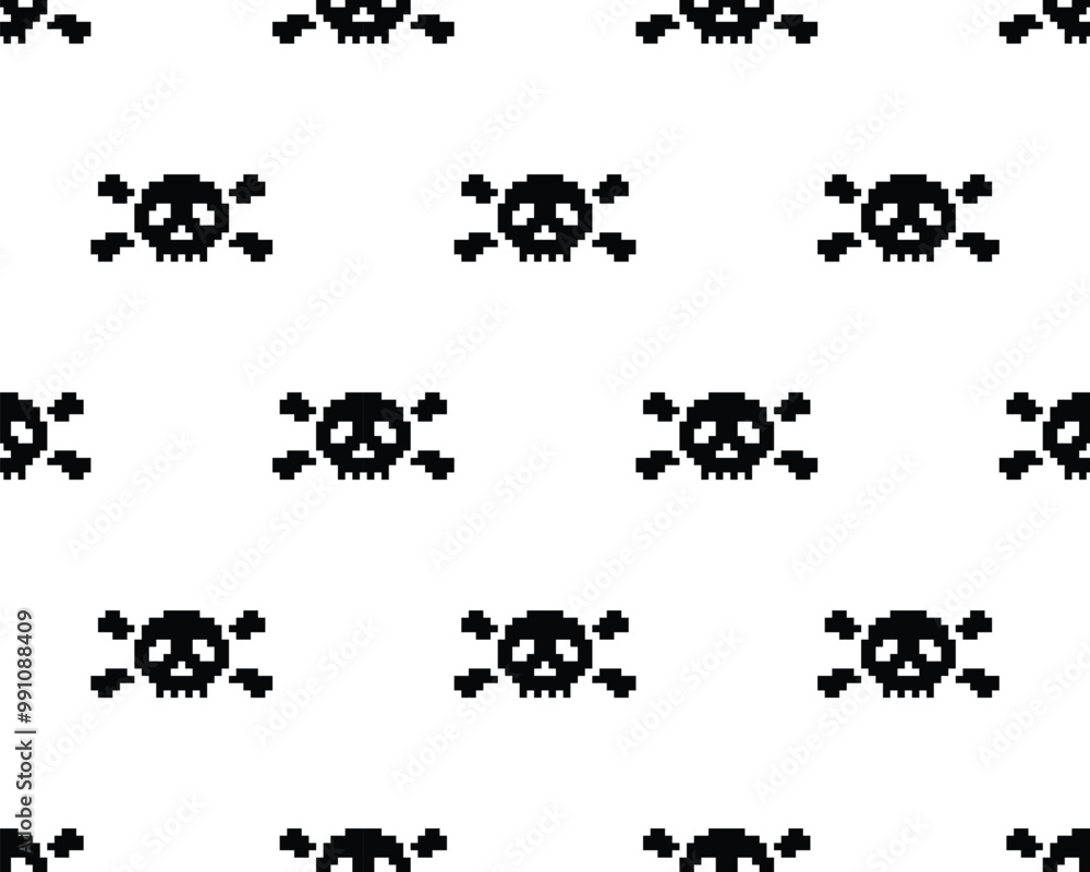 Poster pixel skull and bones seamless pattern vector pirate skull background pixel art for 8 bit game