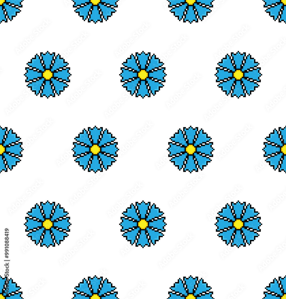 Poster pixel cornflower seamless pattern vector flower background pixel art for 8 bit game