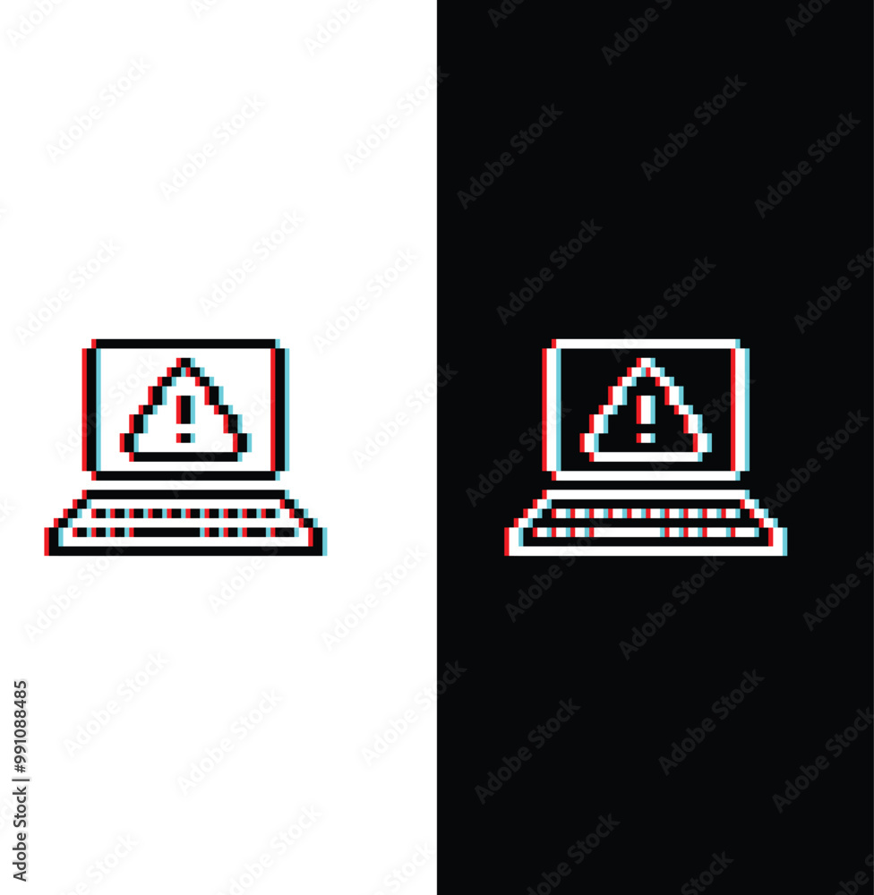 Poster glitch pixel laptop with virus skull icon. vector pixel art hacker cyber computer pc 8 bit logo for 