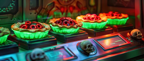 Fototapeta premium Glowing green and red skull pies lined up on a front-facing display in a witch's digital bakery