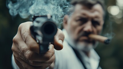 A man in a white shirt holds a gun in the foreground with smoke billowing out of the barrel, while he smokes a cigar in the background.