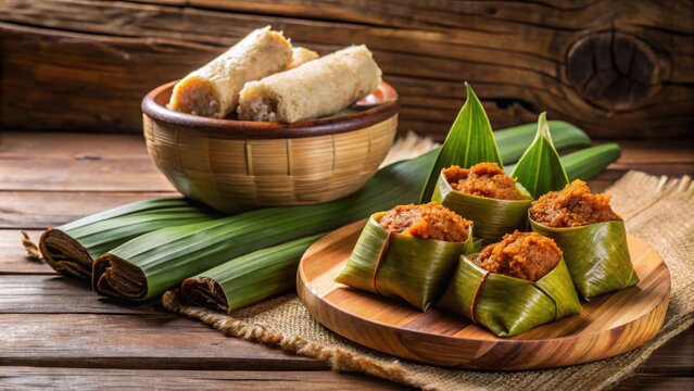 Traditional Malay lemang and rendang ayam on a wooden table, Malay, lemang, rendang, ayam, traditional, food, Malaysian, cuisine